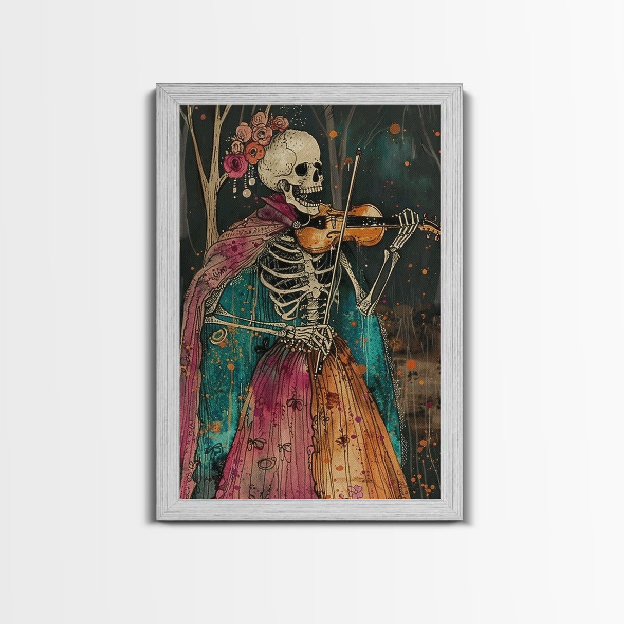 Day of the Dead Skeleton Playing Violin - Colorful Skeleton Art - Dia de los Muertos Inspired Print - Halloween Skeleton Decor