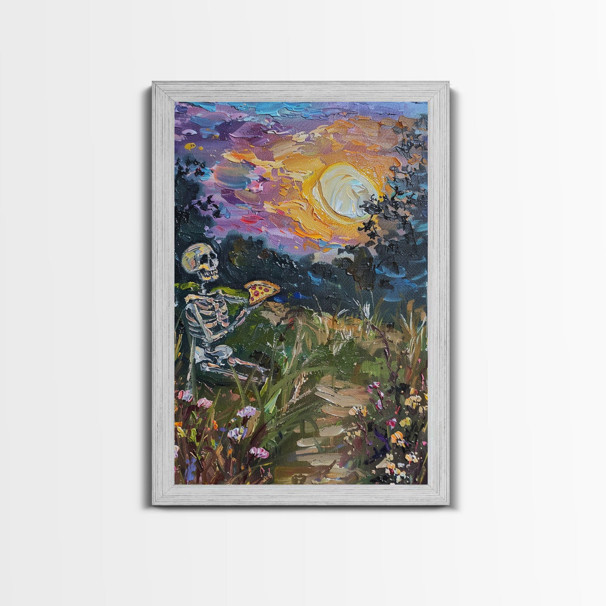 Graveyard Pizza Party Framed Canvas print, Skeleton Eating Pizza In a Cemetary Halloween Decor