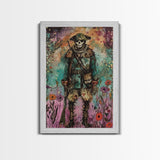 Skeleton Soldier Stands Amid Colorful Blooms, Blending Historical Charm and Spooky Halloween Style for Unique Wall Art