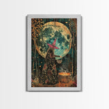 Witch Preparing Spell Under Full Moon Framed Canvas Print | Halloween Witch Art | Enchanted Witch Decor for Home | Halloween Artwork