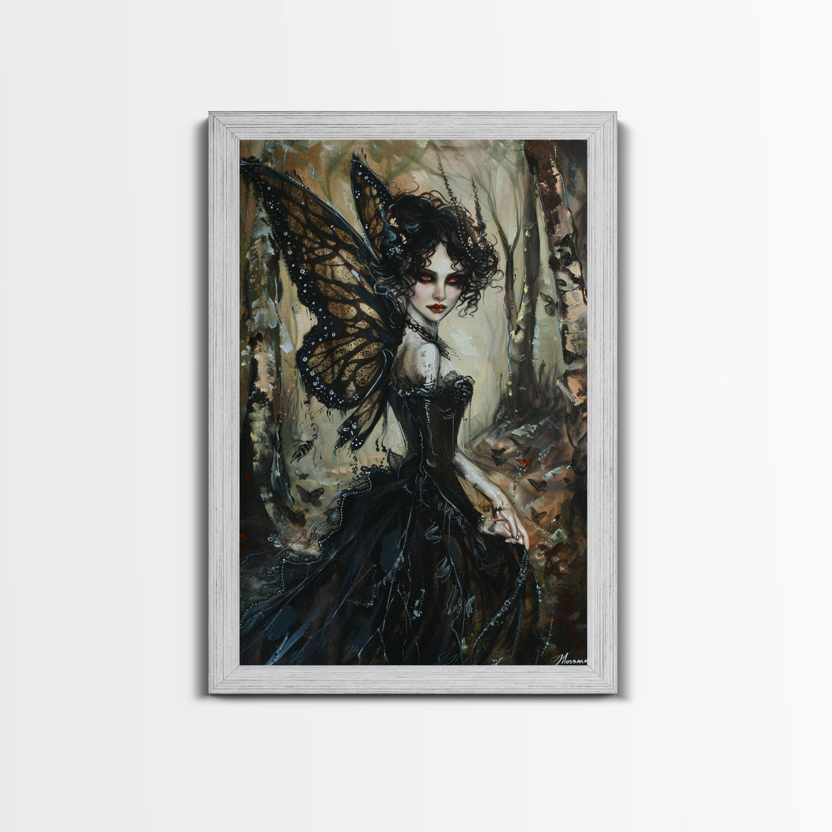 Dark Gothic Fairy with Butterfly Wings| Halloween Wall Art | Spooky Home Decor | Creepy Gothic Fairy Painting | Framed Canvas Print