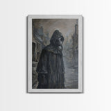 Plague Doctor in Abandoned Town | Halloween Wall Art | Spooky Home Decor | Creepy Plague Doctor Painting | Framed Canvas Print