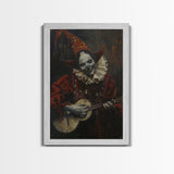 Creepy Clown Playing Guitar, Framed Canvas Print, Spooky Circus Art, Halloween Wall Decor, Horror Clown Illustration, Creepy Home Decor