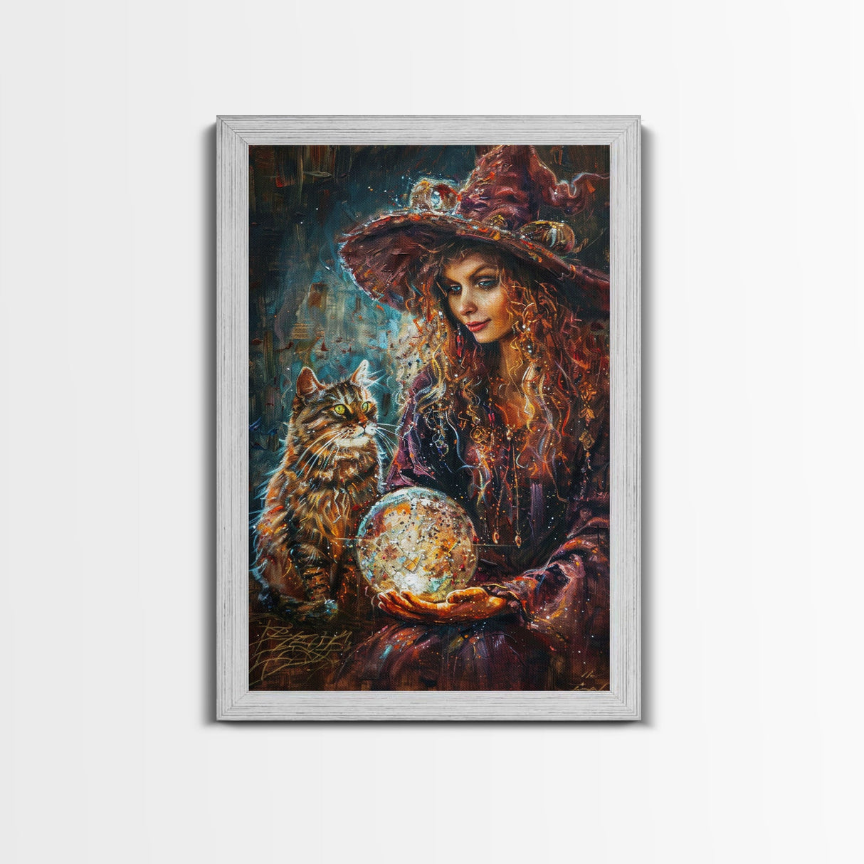 Enchanting Witch with Crystal Ball, Framed Canvas Print, Mystical Halloween Art, Spooky Witch Decor, Witchcraft Illustration, Magical Decor