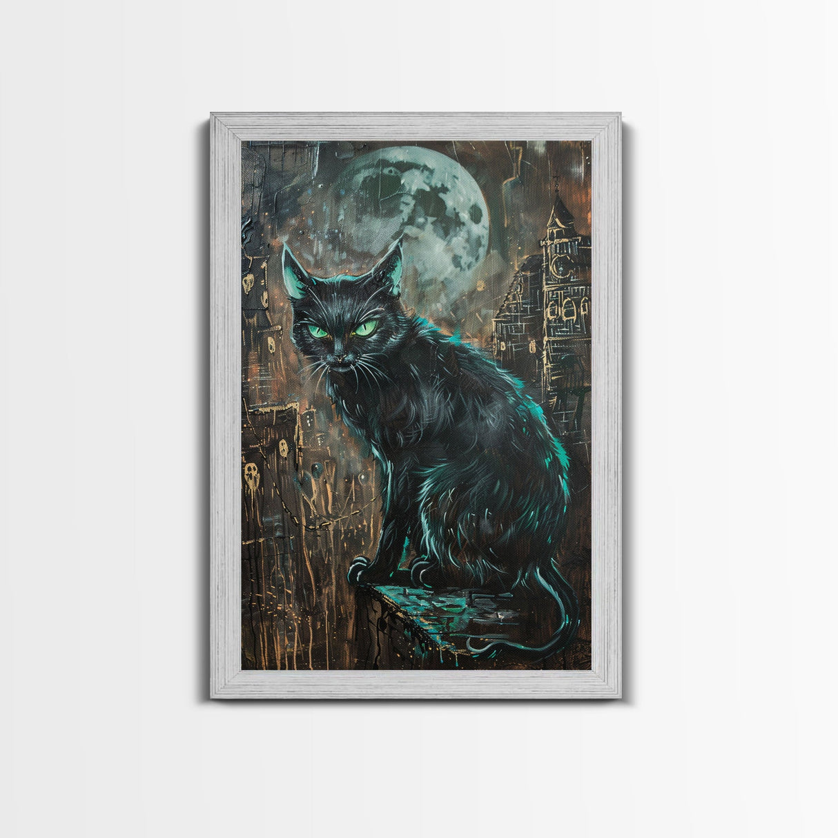 Black Cat with Piercing Green Eyes, Framed Canvas Print, Spooky Cat Art, Witchy Feline Decor, Halloween Wall Art, Gothic Cat Decor
