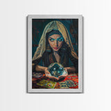 Enchanting Fortune Teller with Crystal Ball Under Moonlight - Mystical Witchcraft Framed Canvas Print, Halloween Gothic Home Decor