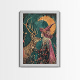 Gothic Witch with Turtle in Dark Forest - Enigmatic Halloween Artwork Framed Canvas Print, Spooky Home Wall Decor