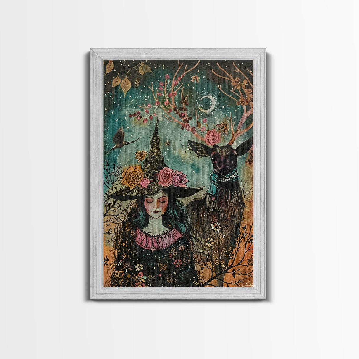 Elegant Witch with Tortoise - Halloween Art, Gothic Art, Spooky Decor, Dark Nature Art, Haunting Portrait, Framed Canvas Print
