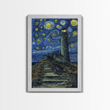 Starry Night Inspired Haunted Light House Framed Canvas Print, Van Gogh Inspired, Spooky Season Halloween Art