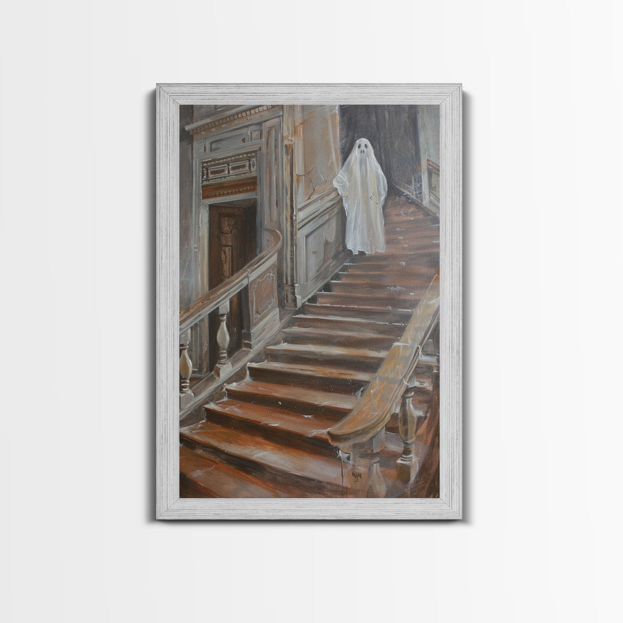 Ghost On Stairs Canvas Print - Halloween Art, Spooky Home Decor, Ghost Wall Art, Haunted House Decor, Halloween Decor, Framed Canvas Print