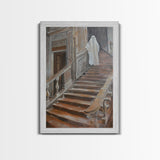Ghost On Stairs Canvas Print - Halloween Art, Spooky Home Decor, Ghost Wall Art, Haunted House Decor, Halloween Decor, Framed Canvas Print