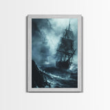 Ghost Ship in Storm Halloween Art, Spooky Maritime, Haunted Ocean, Creepy Seascape, Stormy Night, Framed Canvas Print