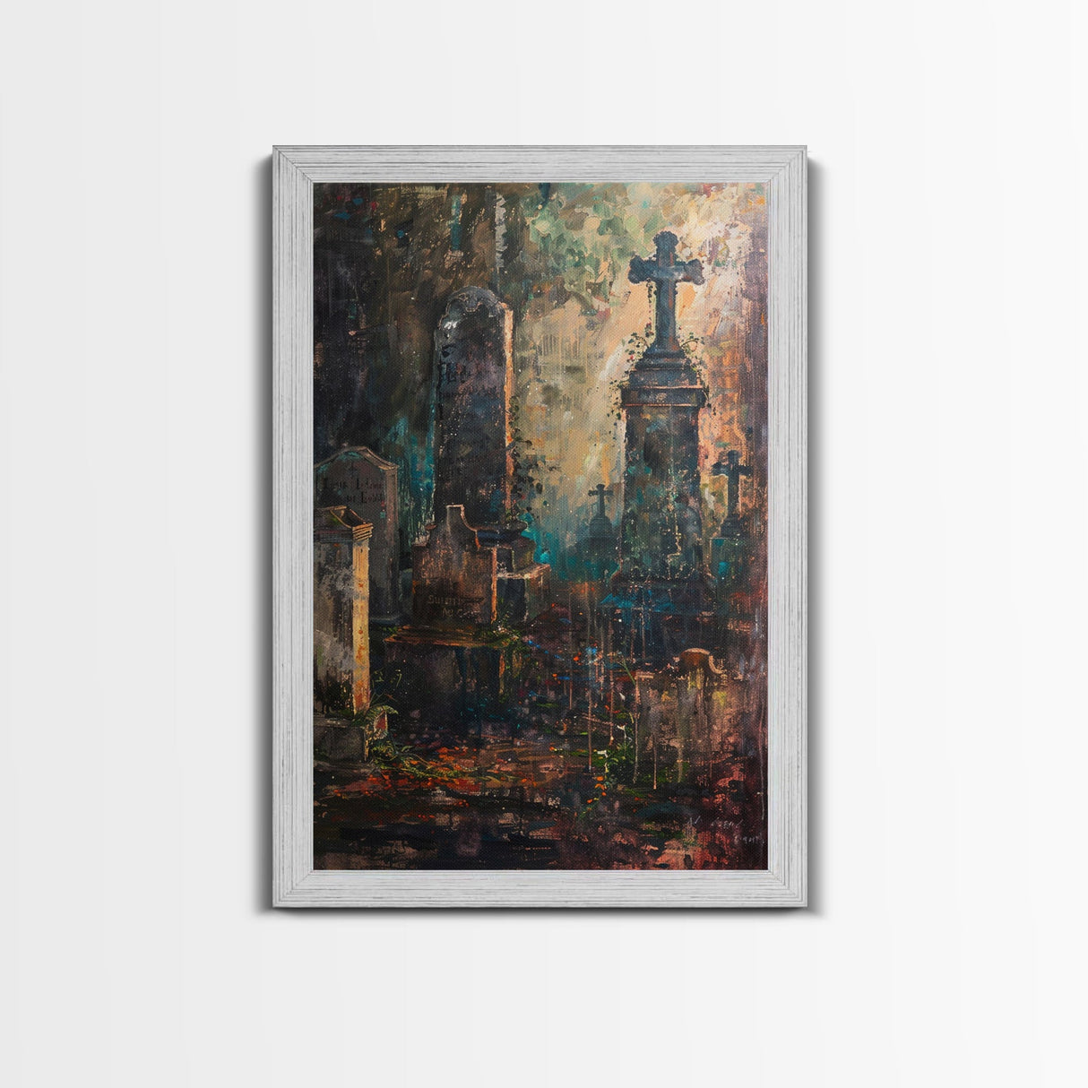 Gloomy Cemetery Halloween Art, Spooky Graveyard, Haunted Cemetery, Creepy Gravestones, Dark Artwork, Framed Canvas Print
