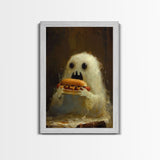 Cute Ghost Chompin on A Hot Dog, Ghostly Hot Dog Thief, Framed Canvas Print, Funny Halloween Spooky Season Art