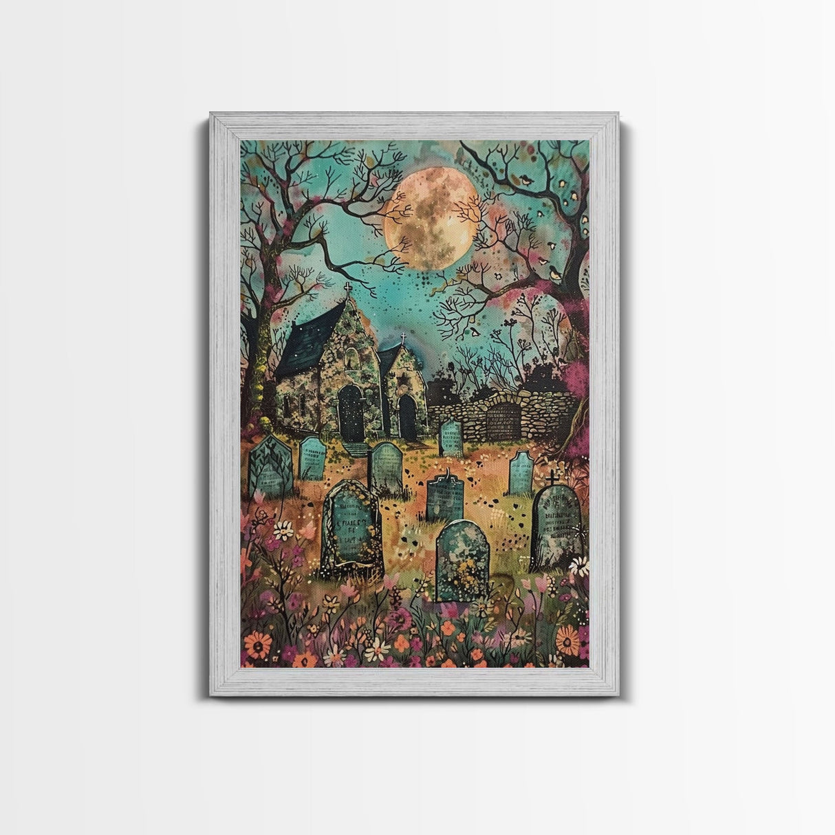 Haunted Churchyard Framed Canvas Print, Halloween Art, Gothic Cemetery, Spooky Church, Haunted Scene, Eerie Moonlight, Halloween Decor