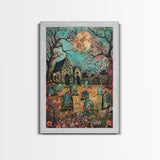 Haunted Churchyard Framed Canvas Print, Halloween Art, Gothic Cemetery, Spooky Church, Haunted Scene, Eerie Moonlight, Halloween Decor
