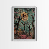 Witchy Woodland Path Framed Canvas Print, Halloween Enchanted Forest Art, Spooky, Haunted Path Decor, Mystical Artwork, Framed Canvas Print
