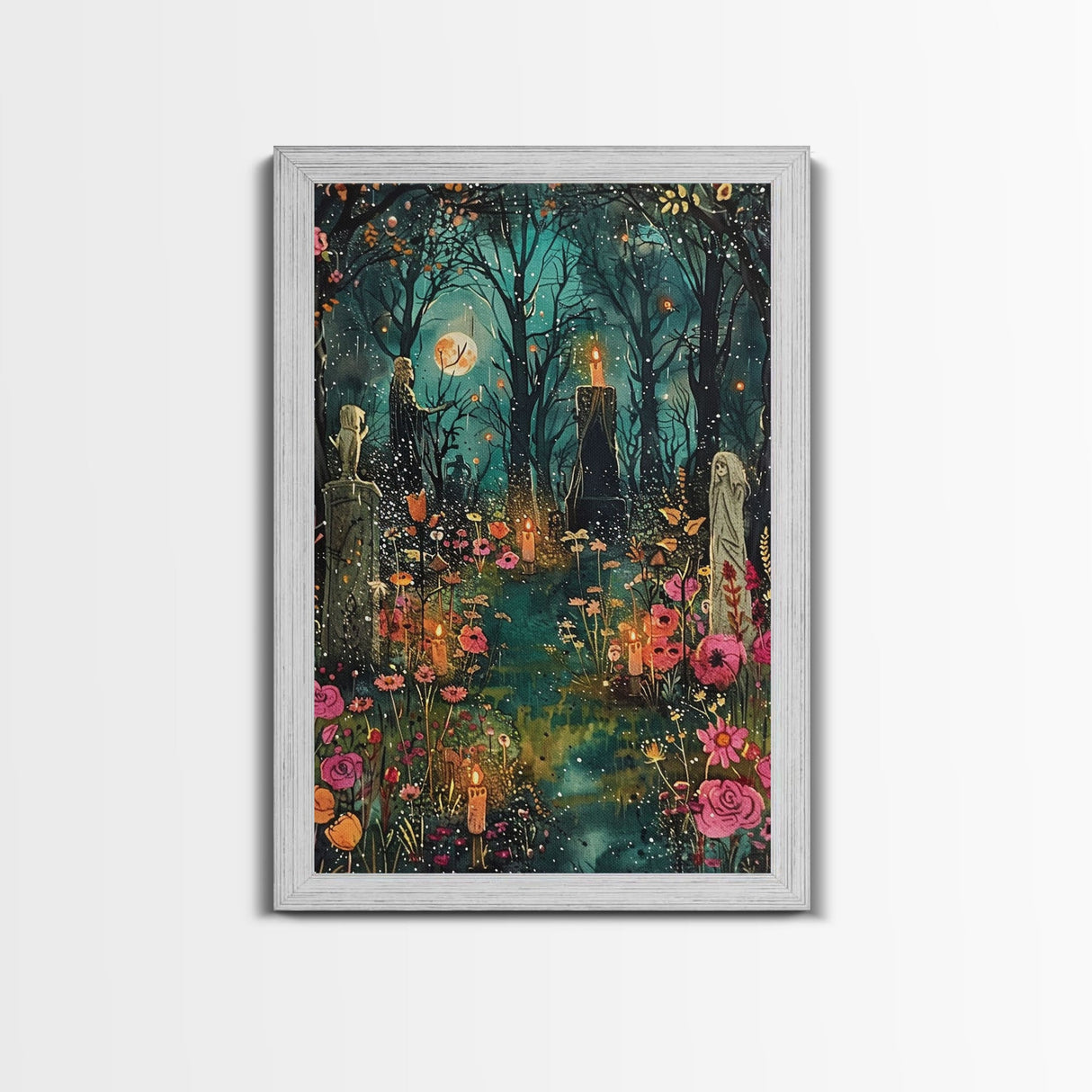 Haunted Graveyard with Flowers Framed Canvas Print, Wall Art, Halloween Cemetery Art, Spooky Home Decor, Ghostly Garden Painting
