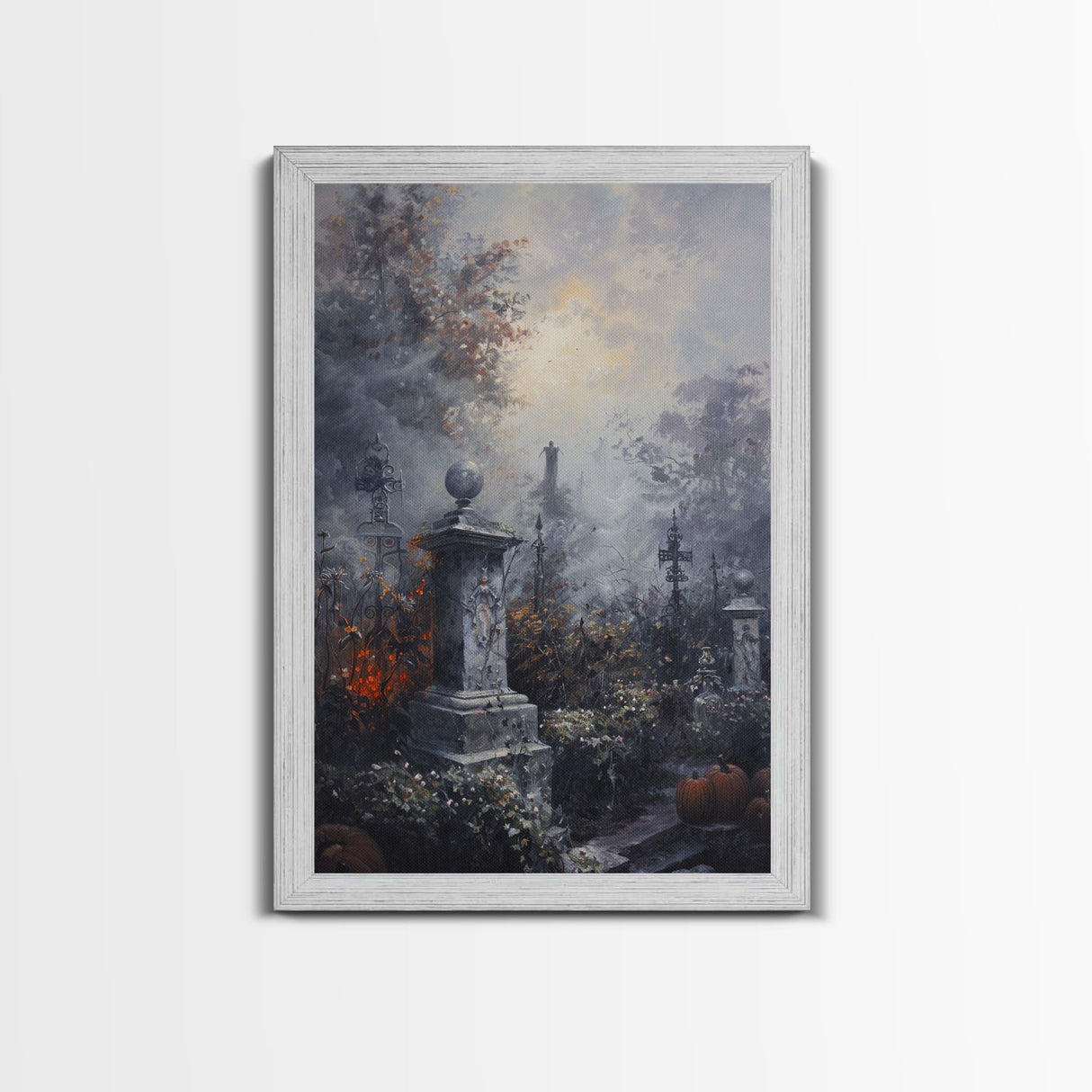 Gothic Cemetery with Statues Framed Canvas Print, Halloween Wall Art, Haunted Graveyard, Home Decor, Spooky Art, Living Room Decor, Gothic