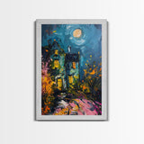 Haunted House with Glowing Windows Framed Canvas Print, Halloween Wall Art, Spooky Art, Home Decor, Living Room Decor, Gothic Artwork