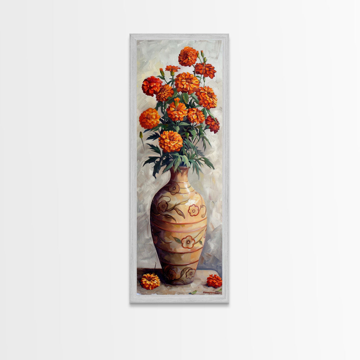 Orange Marigolds in Vase Painted on Textured Canvas, Tall and Narrow Framed Art, Botanical Art Print for Kitchen, Gallery Art, Moody Art