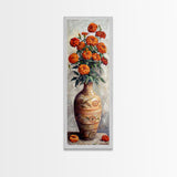 Orange Marigolds in Vase Painted on Textured Canvas, Tall and Narrow Framed Art, Botanical Art Print for Kitchen, Gallery Art, Moody Art