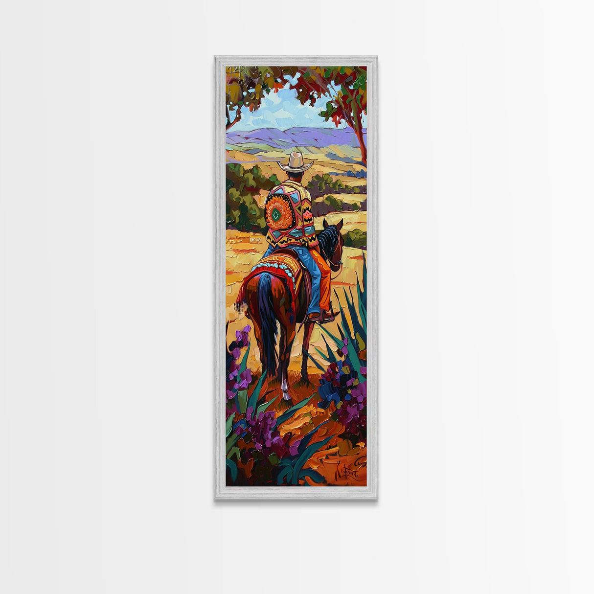 Long Narrow Wall Art Painting of Jalisco Cowboy, Southwest Wall Art Painting, Colorful Desert Canvas Painting Framed and Printed, Office Art