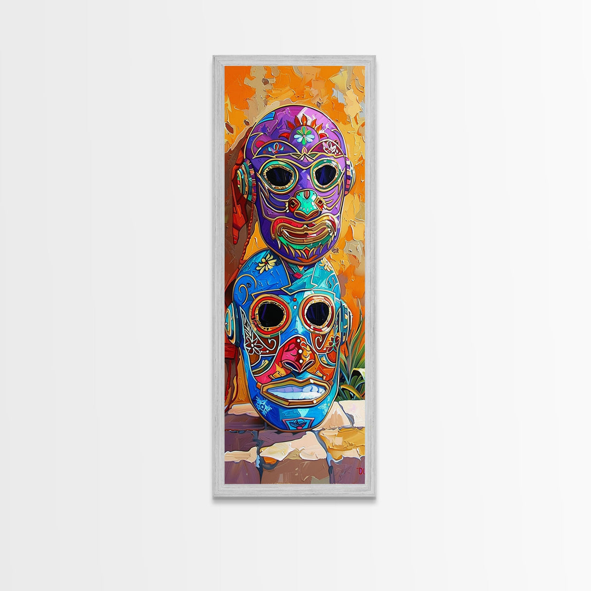 Colorful Tribal Art Painting Framed on Canvas, Spanish Style Canvas Painting, Vertical Framed Art for Living Room, Modern Canvas Art