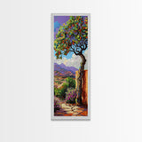 Oversized Texture Mountain Landscape Art Framed and Printed on Canvas, Vertical Impasto Painting on Canvas, Skinny Bedroom Wall Art