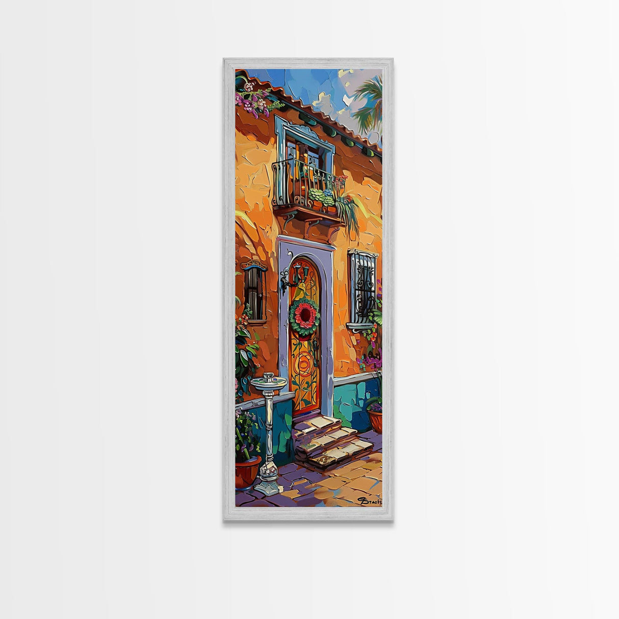 Spanish Inspired Acrylic Painting Framed and Printed on Canvas, Long and Narrow Vertical Art, Colorful Botanical Wall Art for Living Room