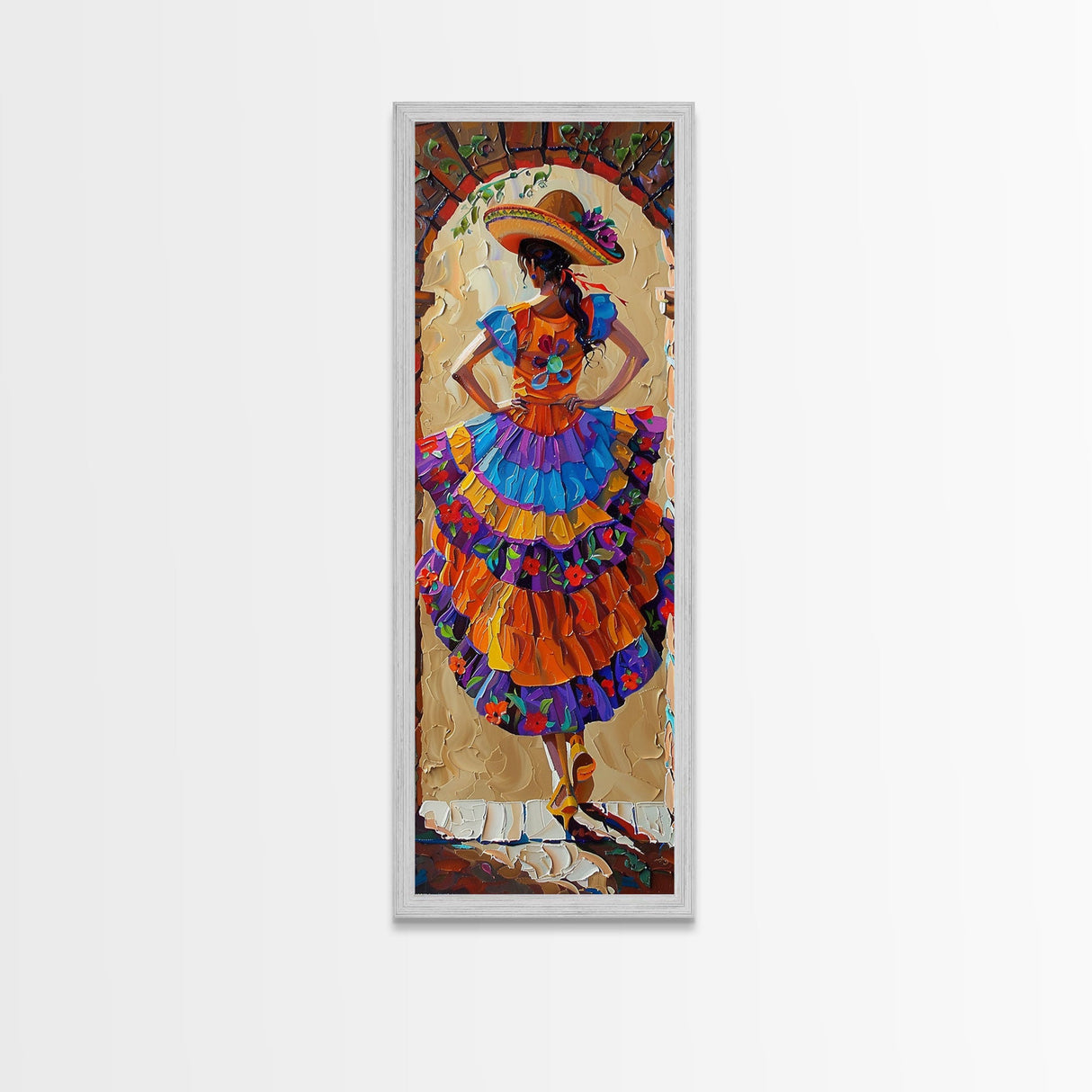 Jalisco Mexican Dancer Textured Oil Painting Printed and Framed on Canvas, Vertical Narrow Art Print, Mexican Inspired Home Decor