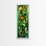 Geometric Abstract Art in Green and Yellow Tones - Framed Canvas Print, Midcentury Modern Art, Skinny Art, Tall Art, Living Room Wall Decor, Boho Art
