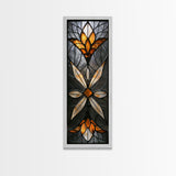 Amber and White Stained Glass Floral Design - Framed Canvas Print, Midcentury Modern Art, Skinny Art, Tall Art, Living Room Wall Decor, Boho Art
