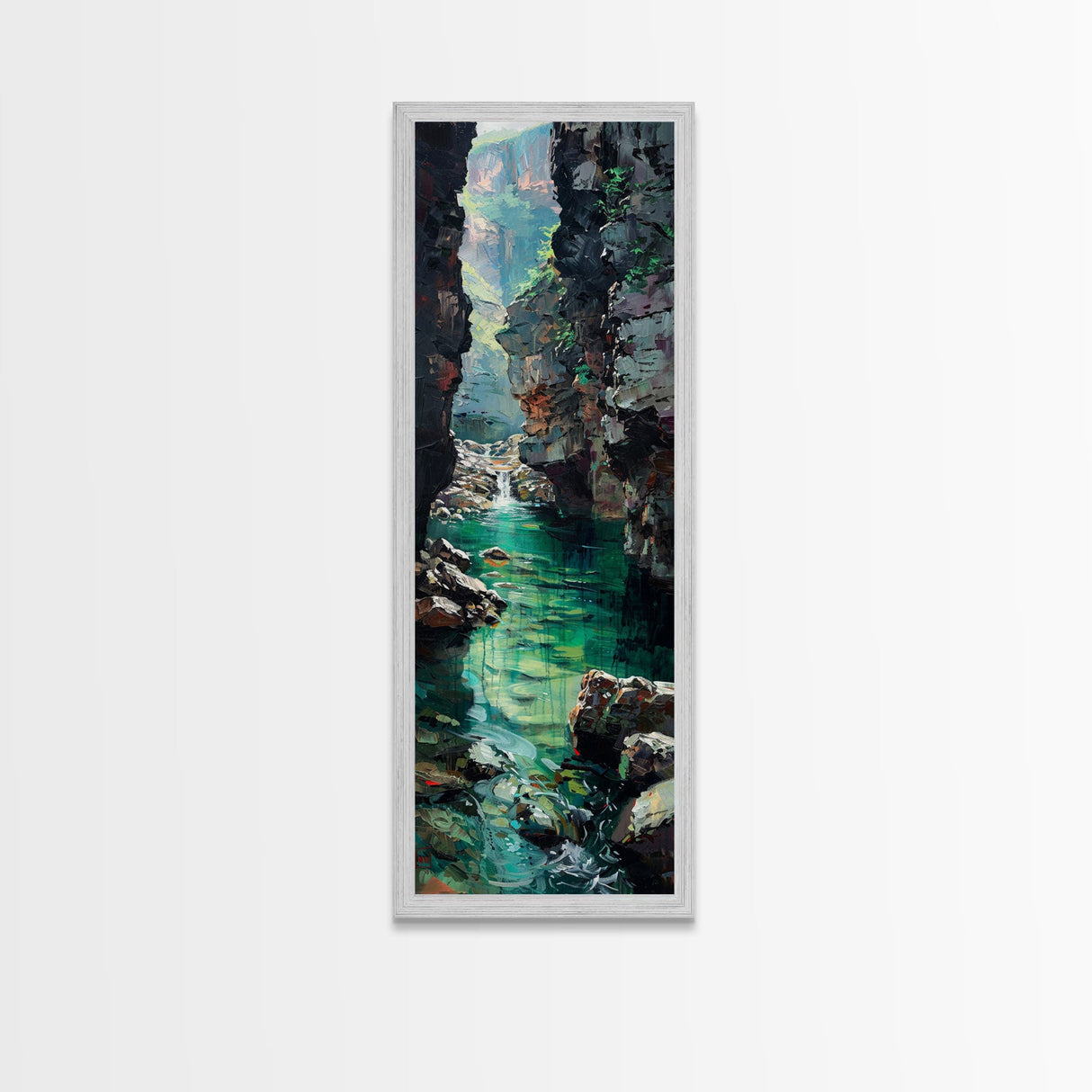 Serene Mountain River Gorge Scene Skinny Art Framed Canvas Print For Living Room Or Bedroom Wall Decor