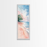 Tropical Beach Watercolor Art - Framed Canvas Print, Skinny Tall Art, Coastal Landscape Wall Art, Living Room Decor, Bedroom Art, Tropical Print