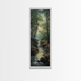 Peaceful Forest Stream in the Early Morning Light, Skinny and Tall Art, Framed Canvas Print, Cozy Wall Art Decor