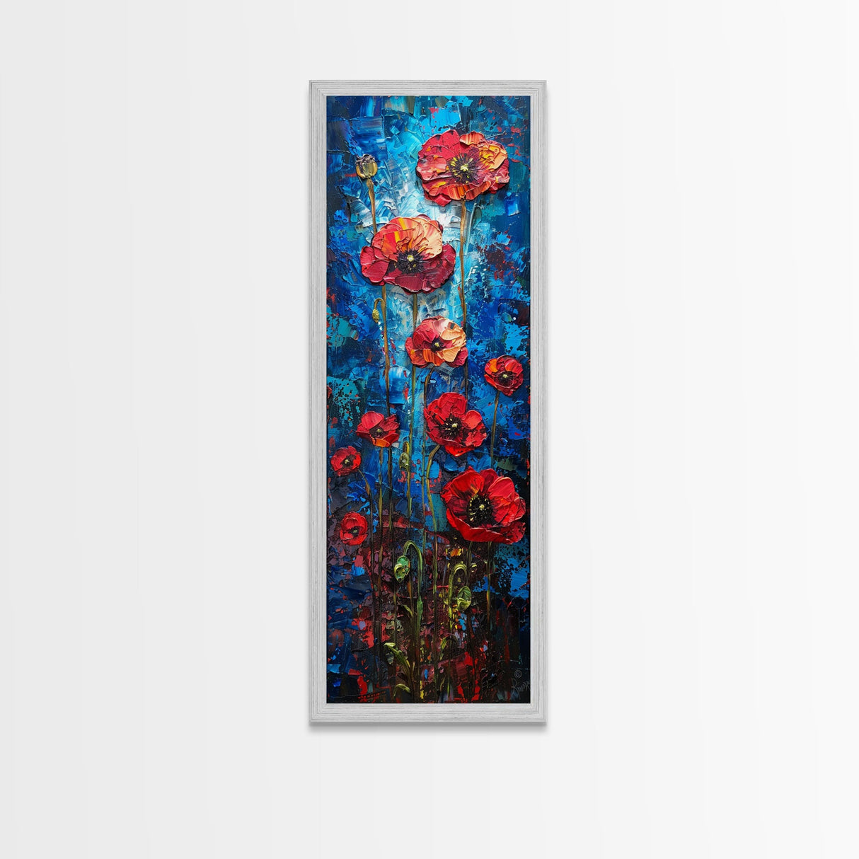 Red Poppies on Textured Blue Canvas as Tall Skinny Art Framed Canvas Print Perfect for Bold Wall Decor in Modern Spaces
