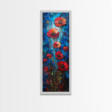 Red Poppies on Textured Blue Canvas as Tall Skinny Art Framed Canvas Print Perfect for Bold Wall Decor in Modern Spaces
