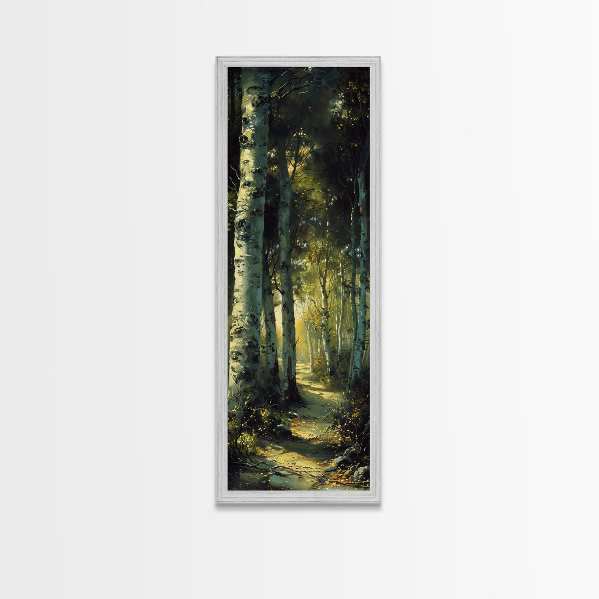 Serene Birch Tree Pathway in Tall Skinny Art Framed Canvas Print Perfect for Tranquil Wall Decor in Bedrooms or Study Rooms