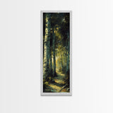 Serene Birch Tree Pathway in Tall Skinny Art Framed Canvas Print Perfect for Tranquil Wall Decor in Bedrooms or Study Rooms