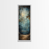 Tree Swing At Midnight Framed Canvas Print, Secret Garden, Dark Academia, Whimsical Minimalist Wall Art, Night Time Under a Crescent Moon