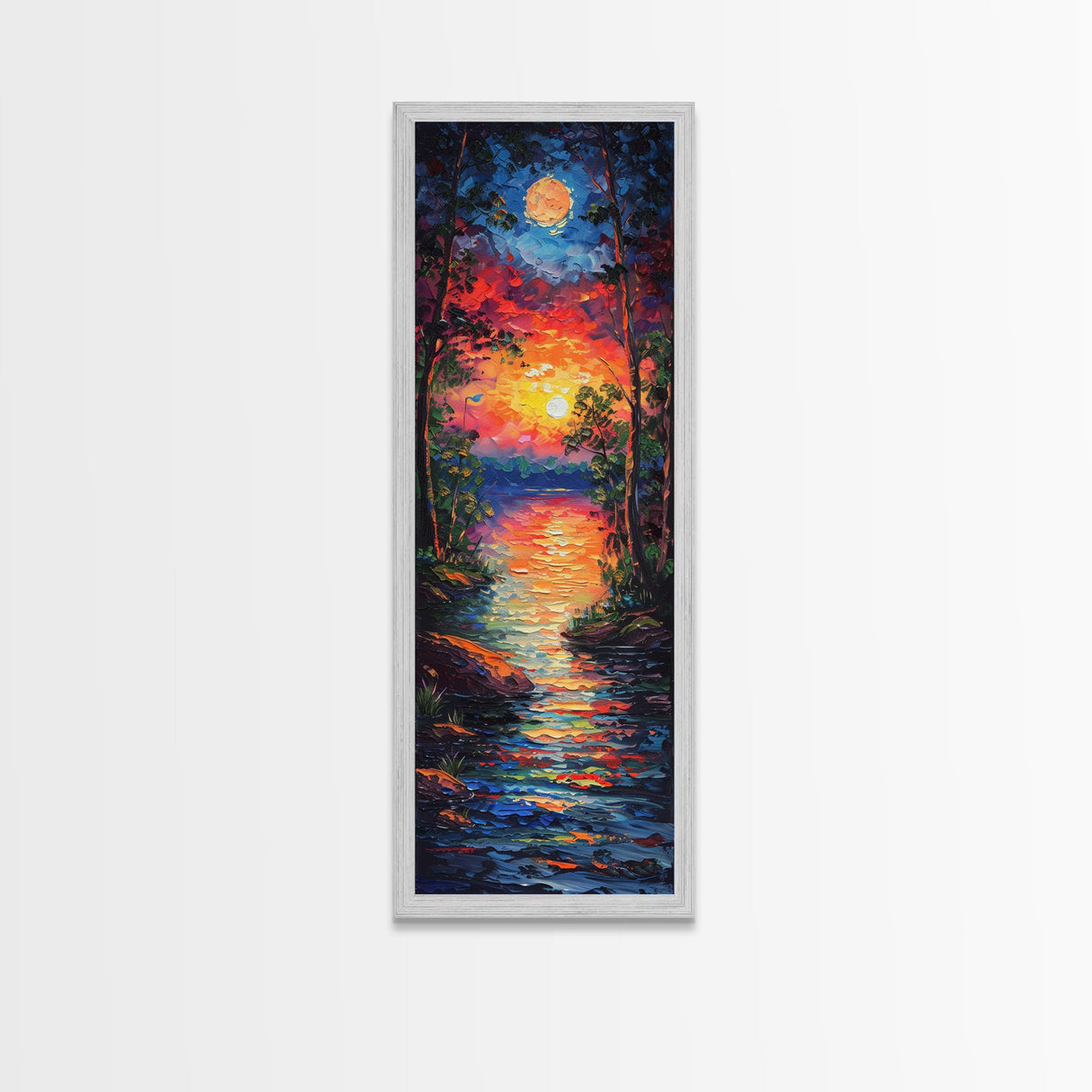 Sunset and Full Moon Over The lake Framed Canvas Print, Nature Decor, Landscape Oil Painting Print Wall Art, Skinny / Tall Art for Small Spaces