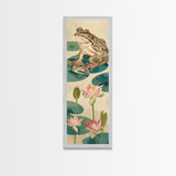 Frogs On Lily Pads Canvas In Japanese Ukiyo-e Style, Traditional Woodblock Print, Framed Canvas Print, Tall Skinny Japanese Wall Art, Ready To Hang