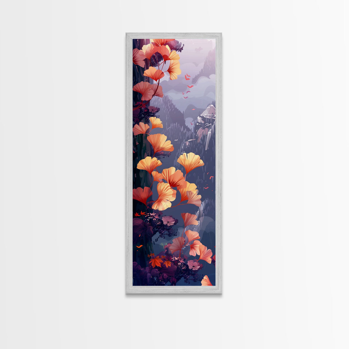 Ethereal Autumn Ginkgo Leaves Skinny Art Tall Art Japanese Ukiyo-e Inspired Botanical Framed Canvas Print