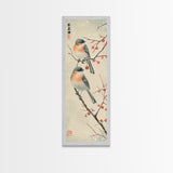 Pair of Birds on Snowy Branches, Japanese Art Framed Canvas Print, Tall and Skinny Wall Art in Ukiyo-e Style