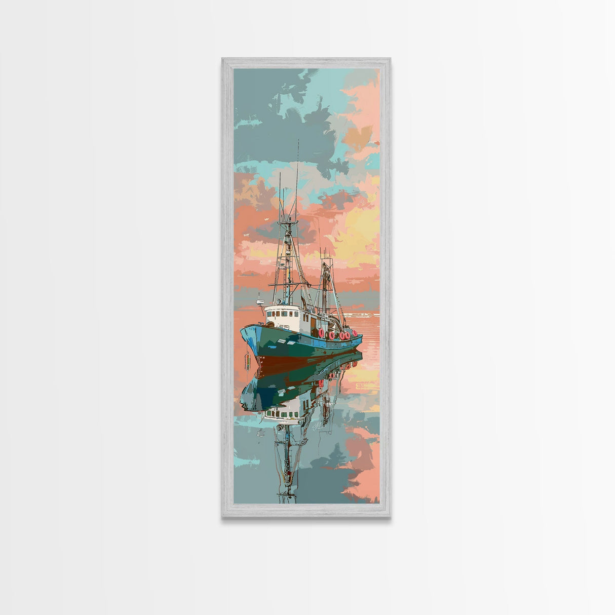 Fishing Boat, Calm Waters, Japanese Art, Skinny Art, Tall Art, Framed Canvas Print, Ukiyo-e Style