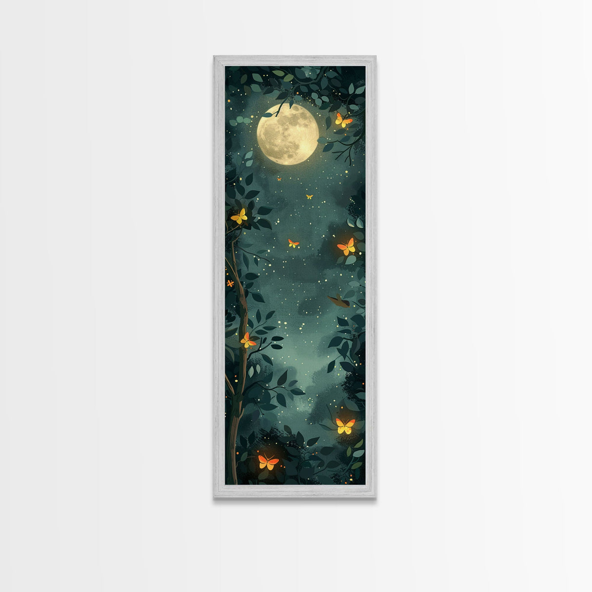 Full Moon And Butterflies In A Night Forest Japanese Style Framed Canvas Print, Wall Art Ready To Hang For Your Home