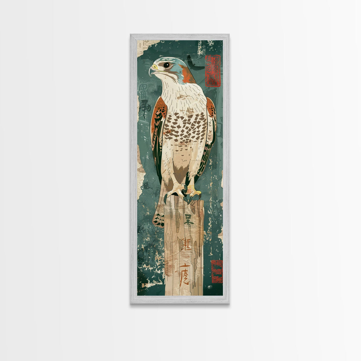 Majestic Hawk Perched On Weathered Stump Textured Background Skinny Art Tall Art Framed Canvas Print Japanese Style Art Ukiyo-e Art Wood Block Print