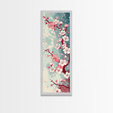 Delicate Pink Flowers On Branch Gentle Tones Skinny Art Tall Art Framed Canvas Print Japanese Style Art Ukiyo-e Art Wood Block Print Floral
