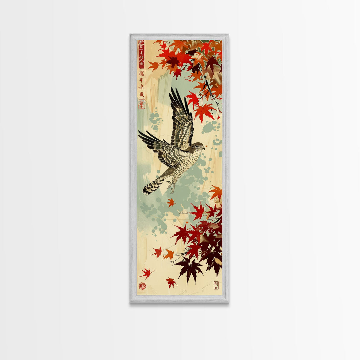 Hawk In Flight Among Red Maple Leaves Tall Art Skinny Art Framed Canvas Print Japanese Style Art Ukiyo-e Wood Block Print
